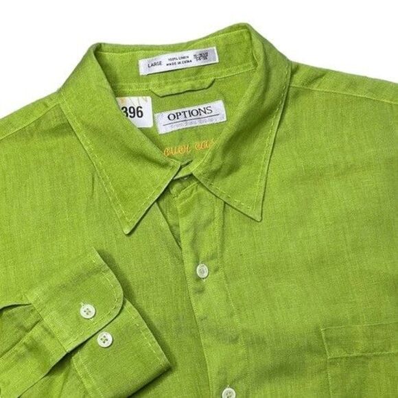 NWOT Options Green 100% Linen Long Sleeve Button Up Shirt Men Size Large 16-16.5 - Picture 1 of 10